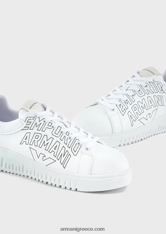 άνδρες Armani μαλακά δερμάτινα πάνινα παπούτσια με έντονο λογότυπο 4046R61868 άσπρο