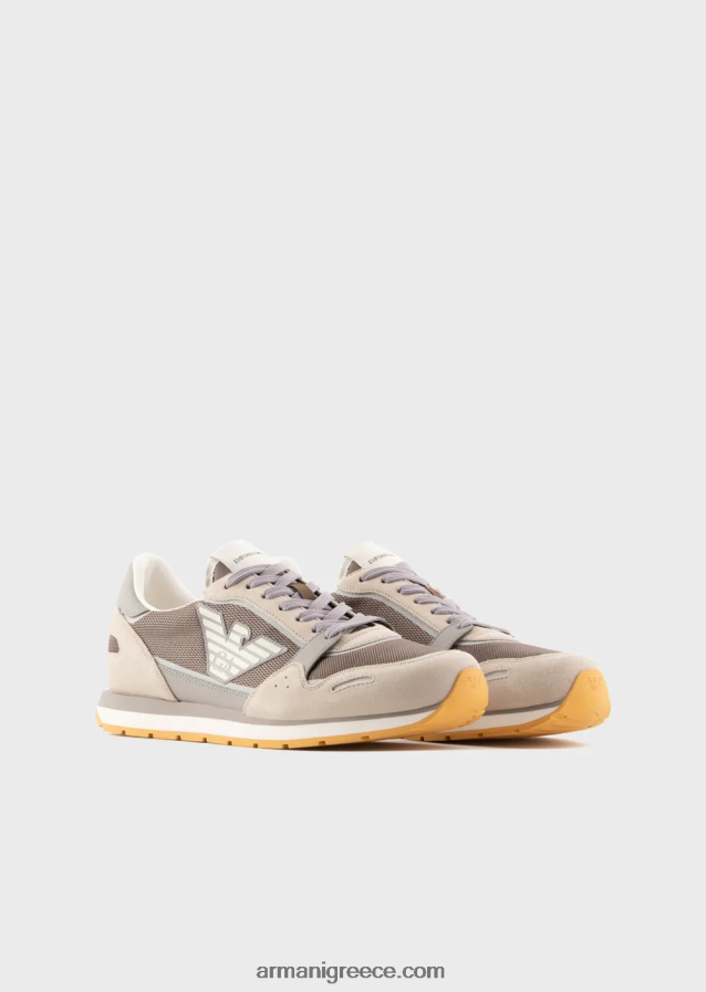 άνδρες Armani Διχτυωτά αθλητικά παπούτσια με λεπτομέρειες από καστόρι και μπάλωμα αετού 4046R61883 μπεζ