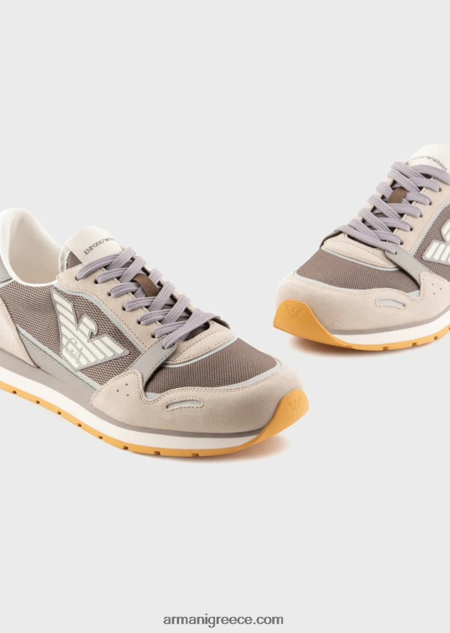 άνδρες Armani Διχτυωτά αθλητικά παπούτσια με λεπτομέρειες από καστόρι και μπάλωμα αετού 4046R61883 μπεζ