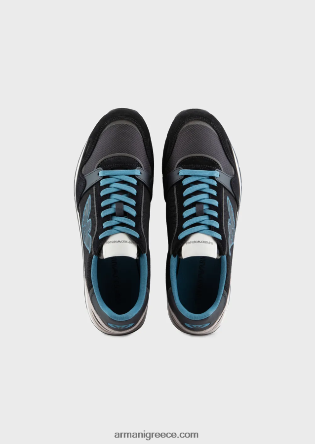 άνδρες Armani Διχτυωτά αθλητικά παπούτσια με λεπτομέρειες από καστόρι και μπάλωμα αετού 4046R61884 ναυτικό μπλε