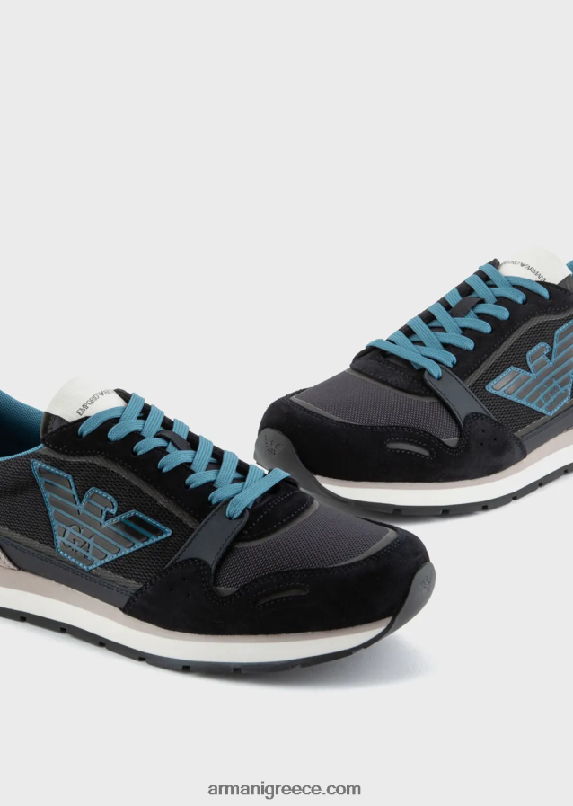 άνδρες Armani Διχτυωτά αθλητικά παπούτσια με λεπτομέρειες από καστόρι και μπάλωμα αετού 4046R61884 ναυτικό μπλε