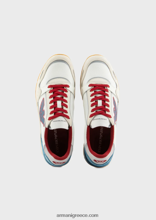 άνδρες Armani Διχτυωτά αθλητικά παπούτσια με λεπτομέρειες από καστόρι και μπάλωμα αετού 4046R61885 άσπρο