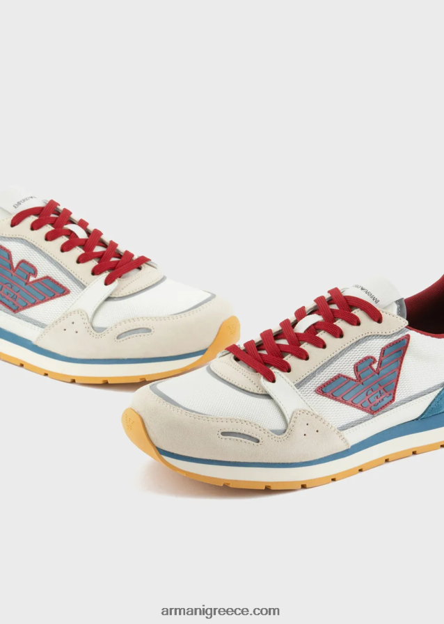 άνδρες Armani Διχτυωτά αθλητικά παπούτσια με λεπτομέρειες από καστόρι και μπάλωμα αετού 4046R61885 άσπρο