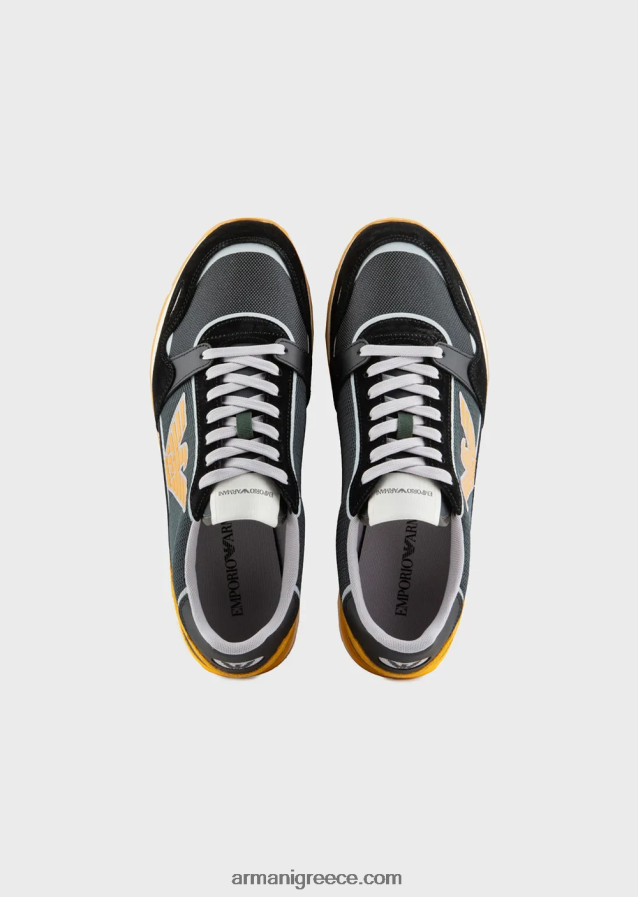 άνδρες Armani Διχτυωτά αθλητικά παπούτσια με λεπτομέρειες από καστόρι και μπάλωμα αετού 4046R61887 σκούρο γκρίζο