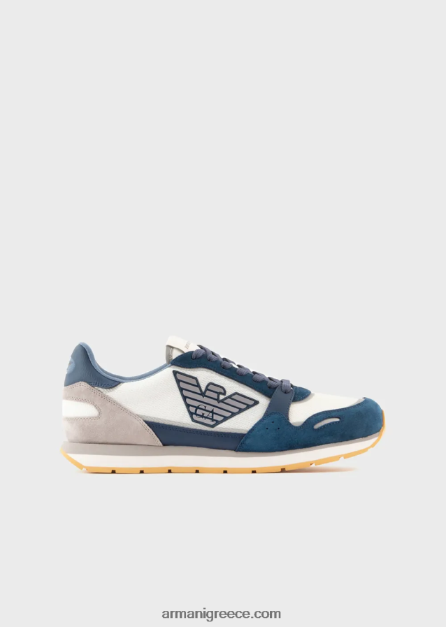 άνδρες Armani Διχτυωτά αθλητικά παπούτσια με λεπτομέρειες από καστόρι και μπάλωμα αετού 4046R61888 γαλανός