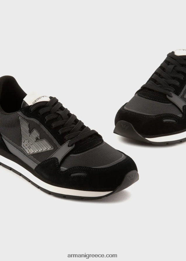 άνδρες Armani Διχτυωτά αθλητικά παπούτσια με λεπτομέρειες από καστόρι και μπάλωμα αετού 4046R61889 μαύρος