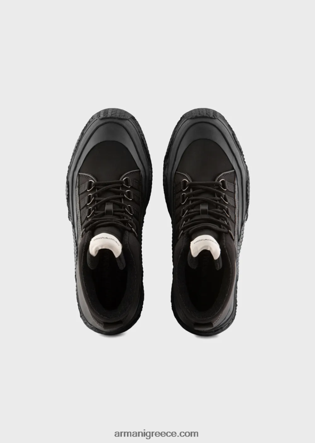 άνδρες Armani δερμάτινα και ανακυκλωμένα νάιλον πάνινα παπούτσια με σόλες πολλαπλών στρώσεων 4046R61894 μαύρος