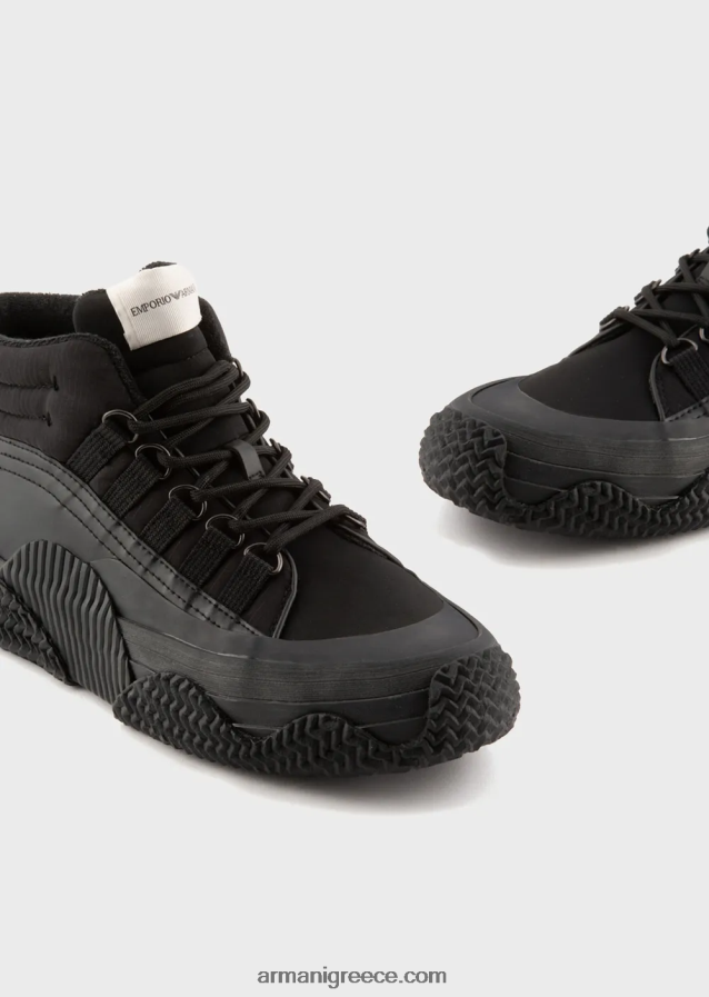 άνδρες Armani δερμάτινα και ανακυκλωμένα νάιλον πάνινα παπούτσια με σόλες πολλαπλών στρώσεων 4046R61894 μαύρος