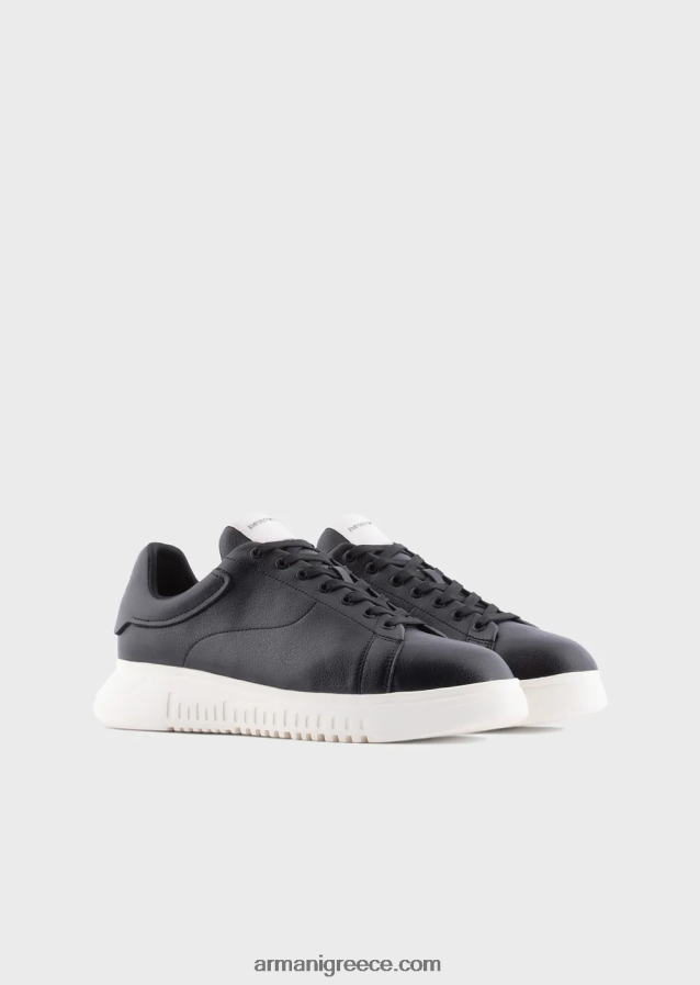 άνδρες Armani πτυσσόμενα δερμάτινα αθλητικά παπούτσια 4046R61906 μαύρος