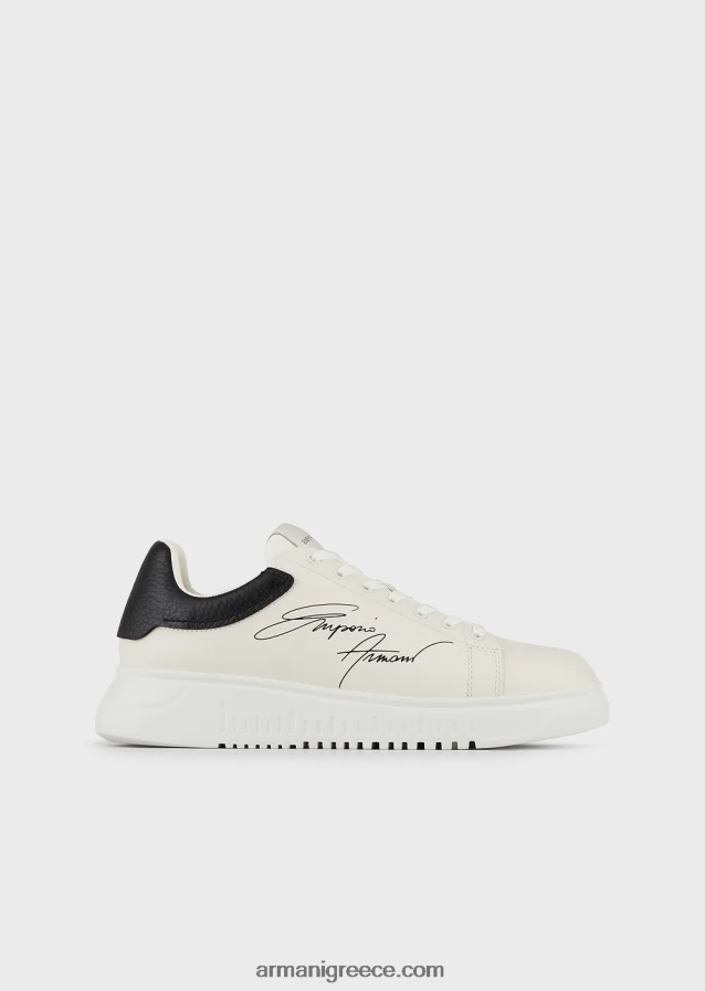 άνδρες Armani δερμάτινα αθλητικά παπούτσια με λογότυπο υπογραφή 4046R61908 άσπρο