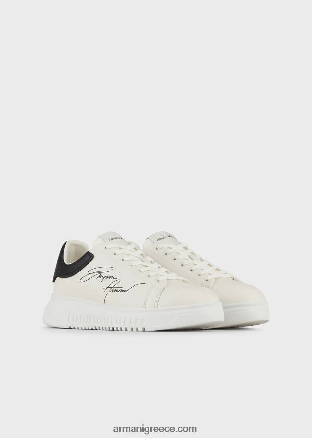 άνδρες Armani δερμάτινα αθλητικά παπούτσια με λογότυπο υπογραφή 4046R61908 άσπρο