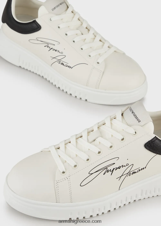 άνδρες Armani δερμάτινα αθλητικά παπούτσια με λογότυπο υπογραφή 4046R61908 άσπρο