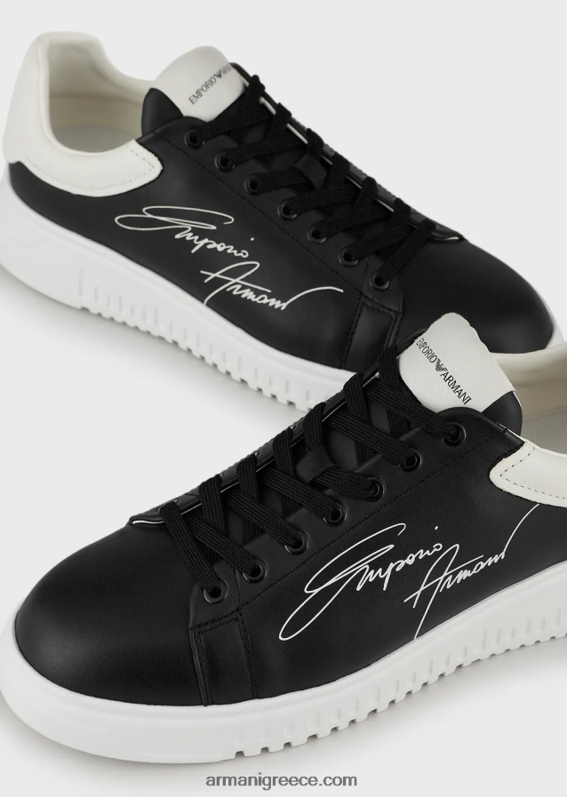 άνδρες Armani δερμάτινα αθλητικά παπούτσια με λογότυπο υπογραφή 4046R61909 μαύρος