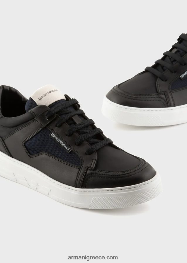 άνδρες Armani νάιλον και δερμάτινα πάνινα παπούτσια 4046R61912 μαύρος