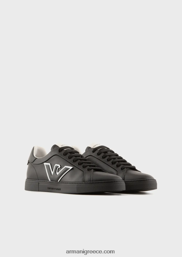 άνδρες Armani δερμάτινα πάνινα παπούτσια με μπάλωμα αετού 4046R61919 μαύρος