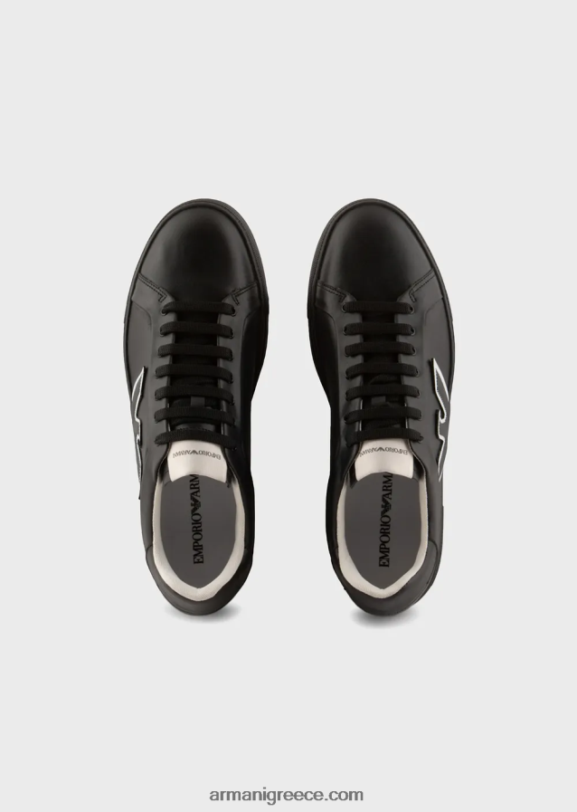 άνδρες Armani δερμάτινα πάνινα παπούτσια με μπάλωμα αετού 4046R61919 μαύρος