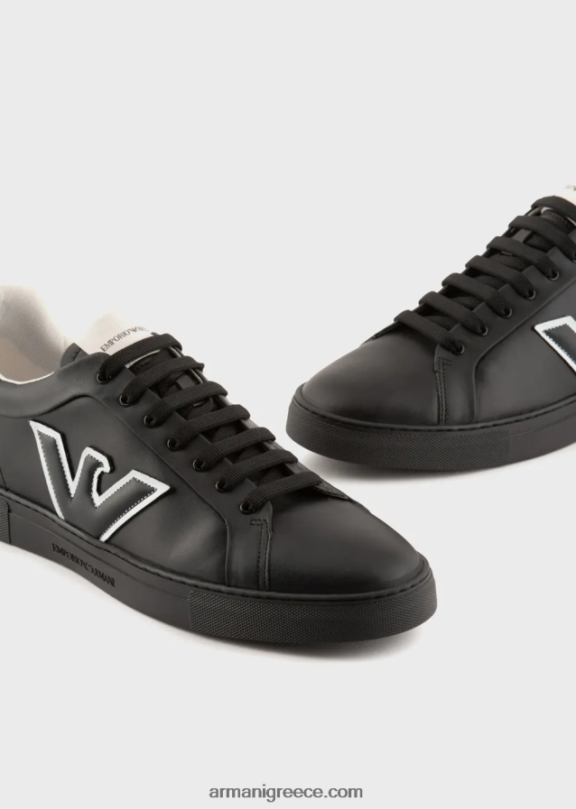 άνδρες Armani δερμάτινα πάνινα παπούτσια με μπάλωμα αετού 4046R61919 μαύρος
