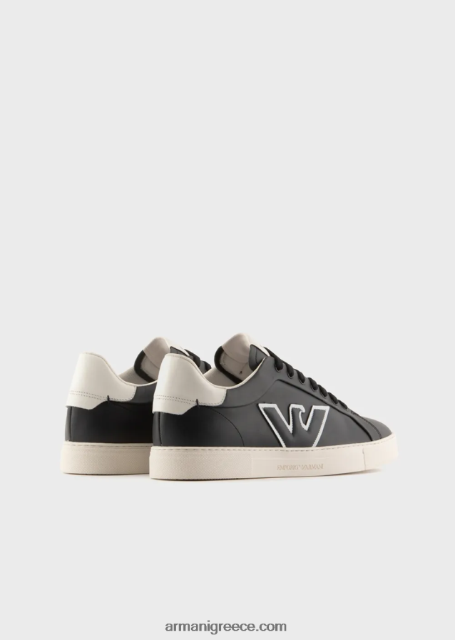 άνδρες Armani δερμάτινα πάνινα παπούτσια με μπάλωμα αετού 4046R61920 ναυτικό μπλε