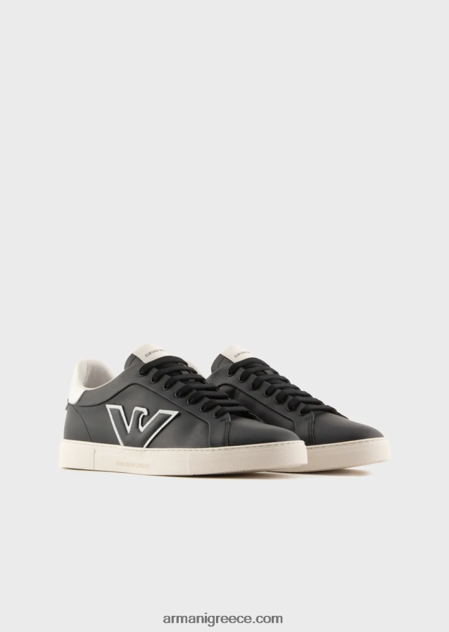 άνδρες Armani δερμάτινα πάνινα παπούτσια με μπάλωμα αετού 4046R61920 ναυτικό μπλε