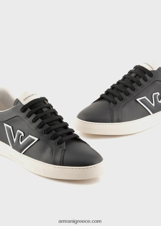 άνδρες Armani δερμάτινα πάνινα παπούτσια με μπάλωμα αετού 4046R61920 ναυτικό μπλε