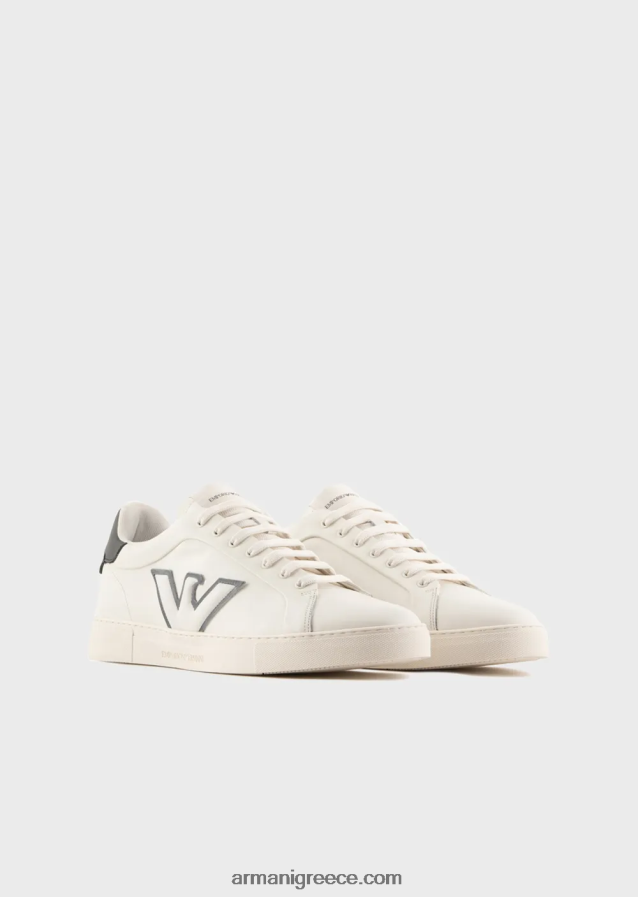 άνδρες Armani δερμάτινα πάνινα παπούτσια με μπάλωμα αετού 4046R61921 άσπρο