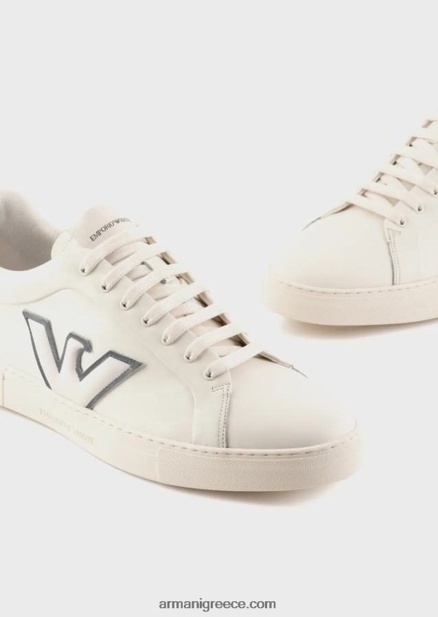 άνδρες Armani δερμάτινα πάνινα παπούτσια με μπάλωμα αετού 4046R61921 άσπρο
