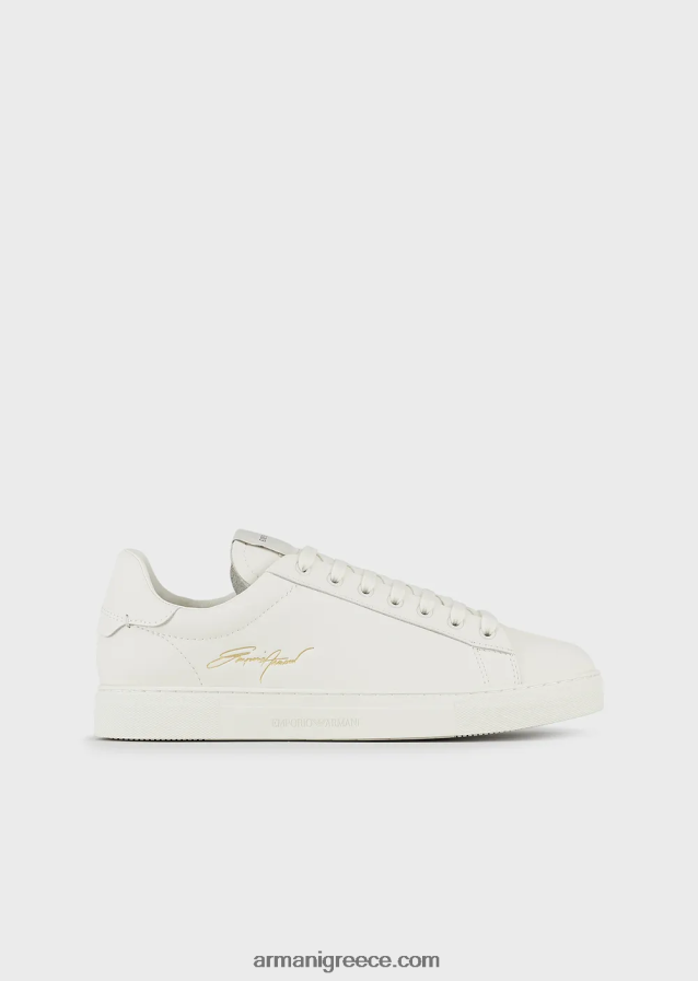 άνδρες Armani δερμάτινα αθλητικά παπούτσια με χρυσό λογότυπο 4046R61922 άσπρο