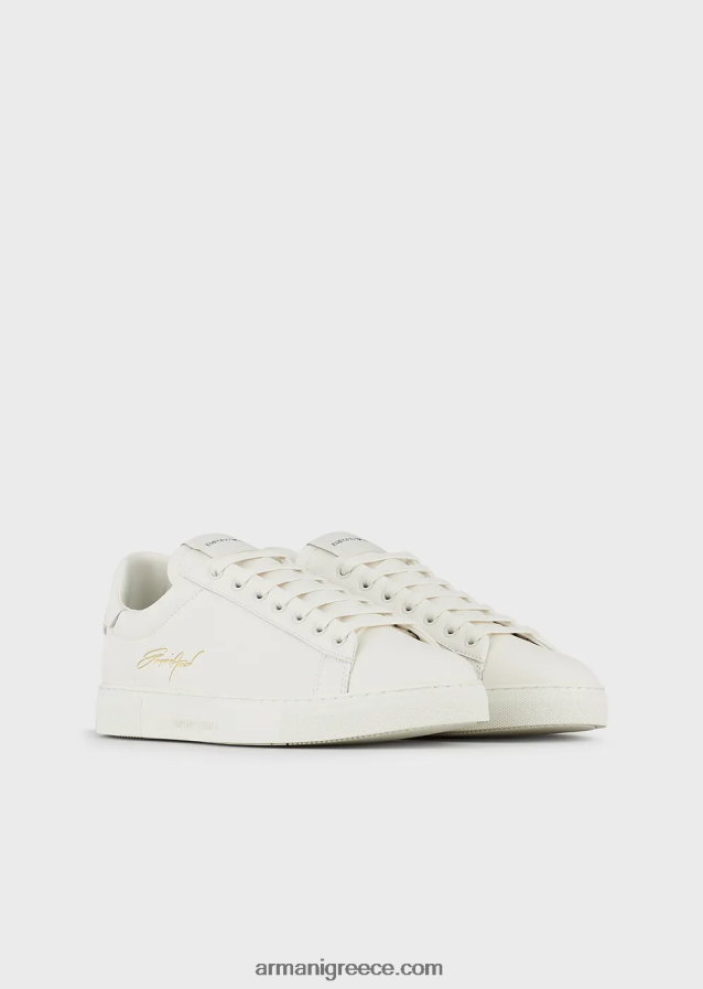 άνδρες Armani δερμάτινα αθλητικά παπούτσια με χρυσό λογότυπο 4046R61922 άσπρο