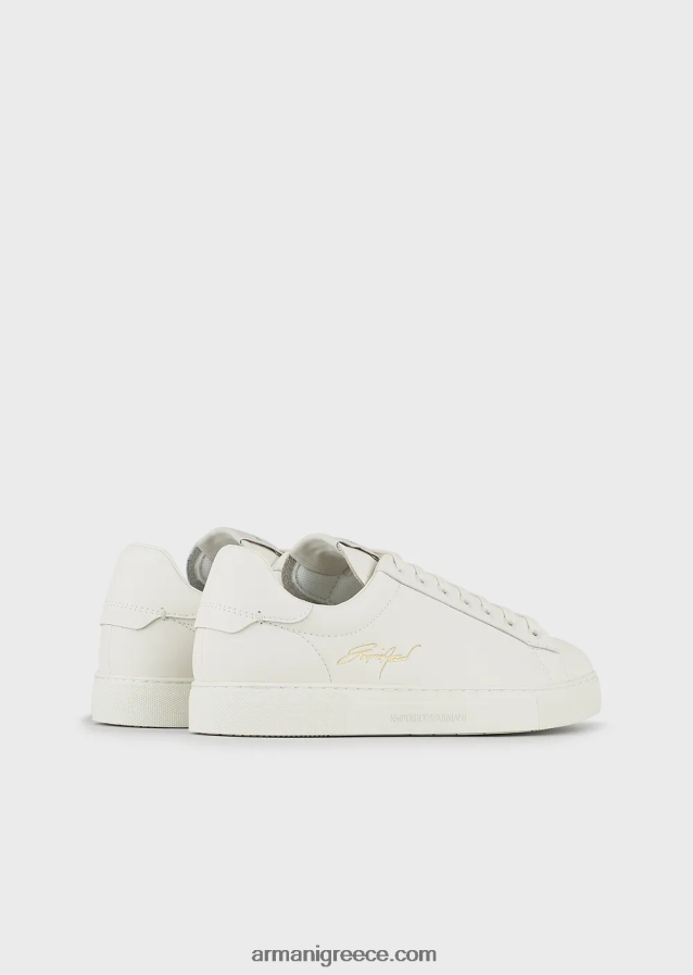 άνδρες Armani δερμάτινα αθλητικά παπούτσια με χρυσό λογότυπο 4046R61922 άσπρο