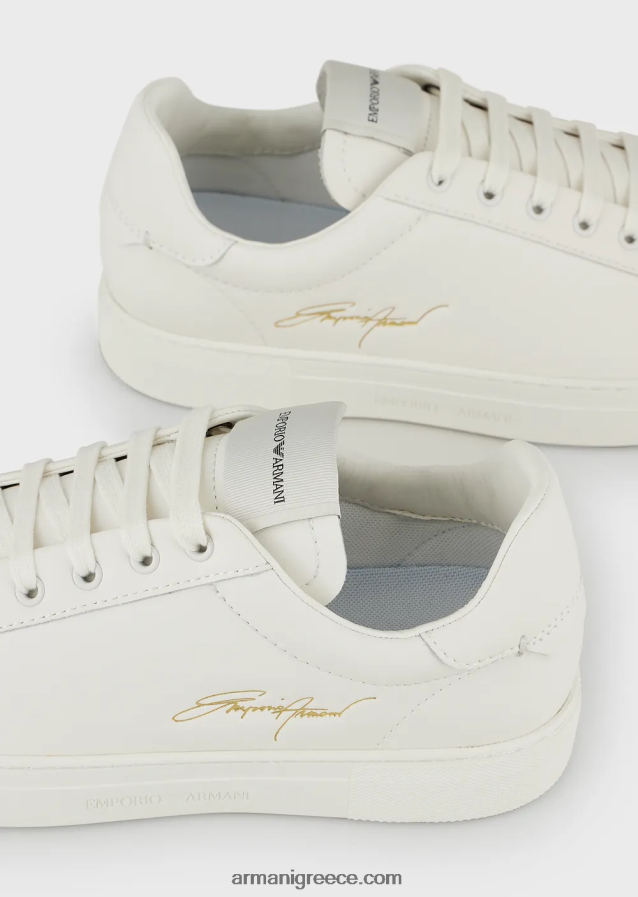 άνδρες Armani δερμάτινα αθλητικά παπούτσια με χρυσό λογότυπο 4046R61922 άσπρο