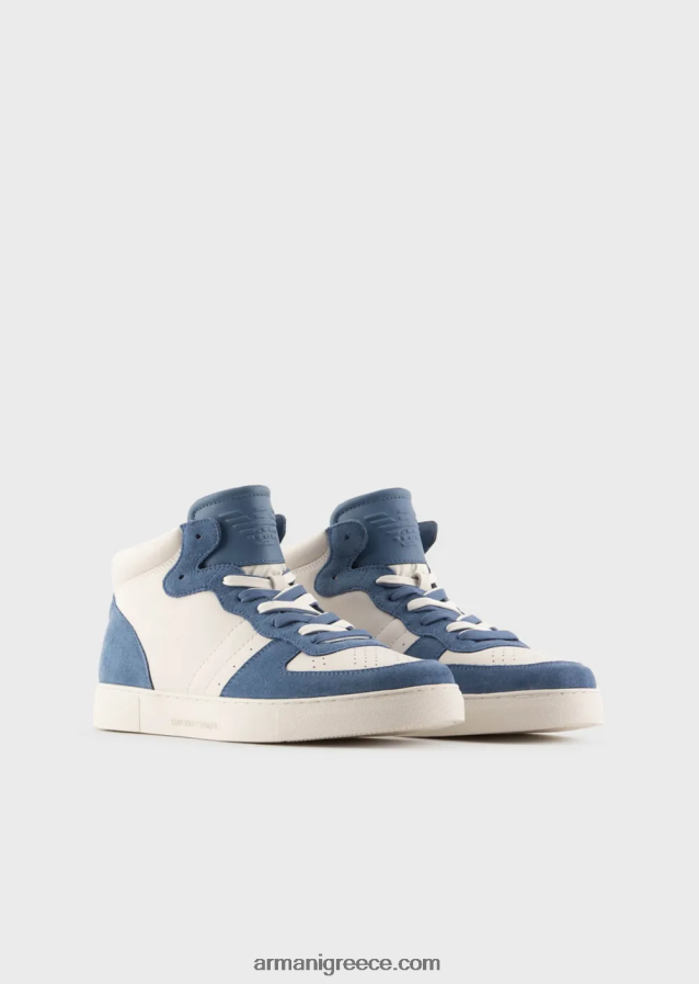 άνδρες Armani δερμάτινα και σουέτ ψηλά αθλητικά παπούτσια 4046R61927 μπλε