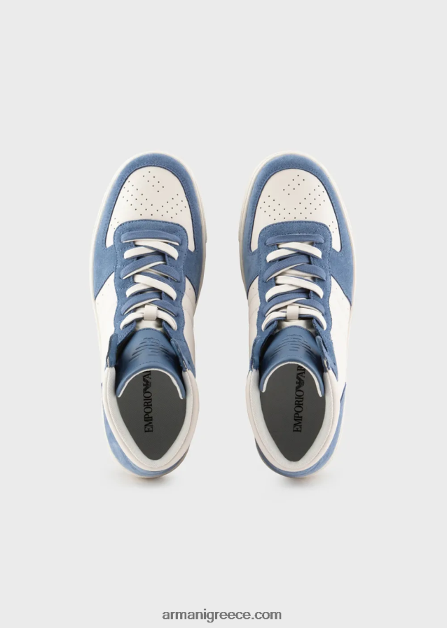 άνδρες Armani δερμάτινα και σουέτ ψηλά αθλητικά παπούτσια 4046R61927 μπλε