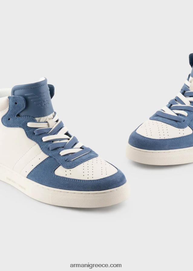 άνδρες Armani δερμάτινα και σουέτ ψηλά αθλητικά παπούτσια 4046R61927 μπλε