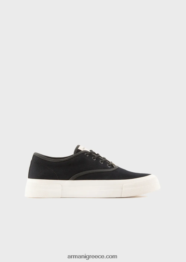 άνδρες Armani πάνινα πάνινα παπούτσια με δερμάτινες λεπτομέρειες από φυτικό μαυρισμένο δέρμα 4046R61931 ναυτικό μπλε