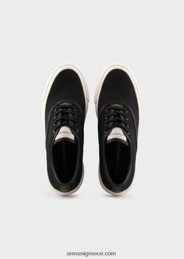 άνδρες Armani πάνινα πάνινα παπούτσια με δερμάτινες λεπτομέρειες από φυτικό μαυρισμένο δέρμα 4046R61931 ναυτικό μπλε