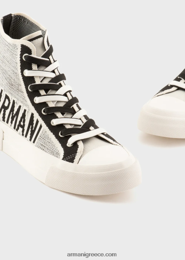 άνδρες Armani ανακυκλωμένα πλεκτά αθλητικά παπούτσια με ζακάρ λογότυπο 4046R61937 άσπρο