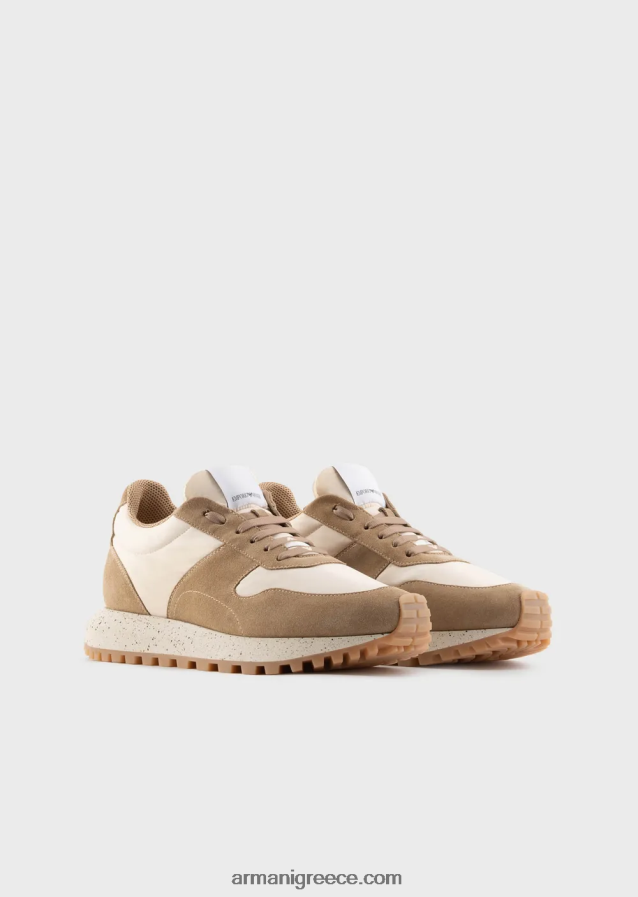 άνδρες Armani δερμάτινα και οικολογικά νάιλον πάνινα παπούτσια βιώσιμης συλλογής 4046R61941 μπεζ