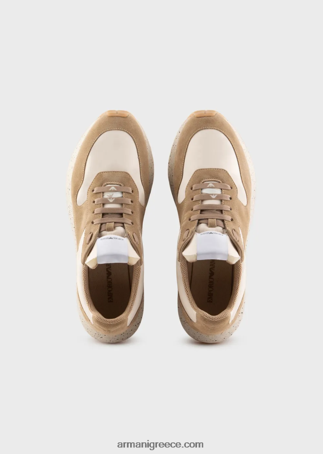 άνδρες Armani δερμάτινα και οικολογικά νάιλον πάνινα παπούτσια βιώσιμης συλλογής 4046R61941 μπεζ