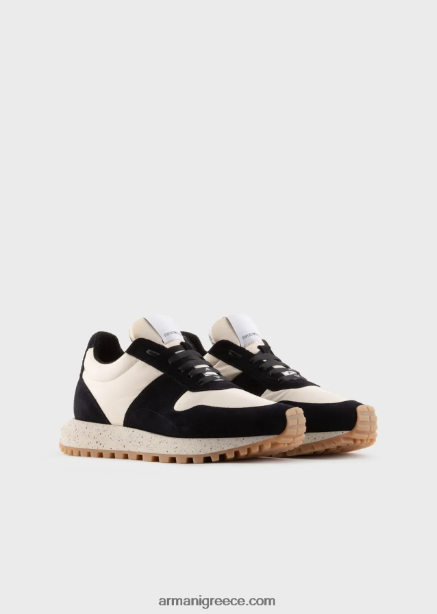 άνδρες Armani δερμάτινα και οικολογικά νάιλον πάνινα παπούτσια βιώσιμης συλλογής 4046R61942 μπλε