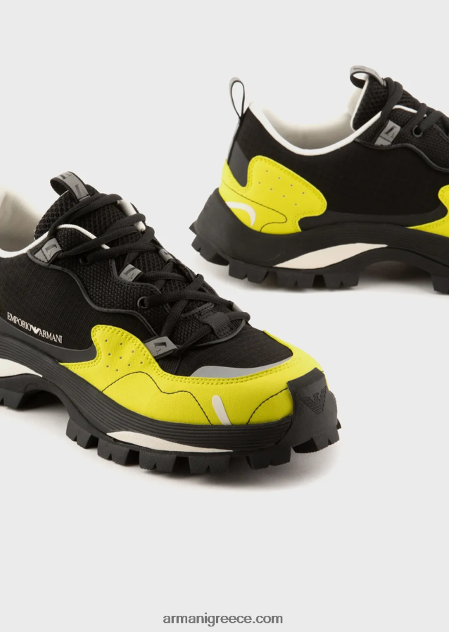 άνδρες Armani ripstop νάιλον και διχτυωτά αθλητικά παπούτσια με κορδόνια σε στυλ πεζοπορίας 4046R61933 βαθύ μαύρο