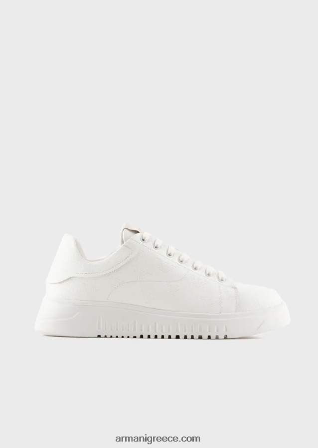 άνδρες Armani δερμάτινα sneakers με βρύα-βελονιά σε όλο τον αετό 4046R61865 άσπρο