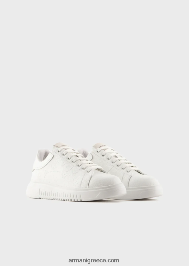 άνδρες Armani δερμάτινα sneakers με βρύα-βελονιά σε όλο τον αετό 4046R61865 άσπρο