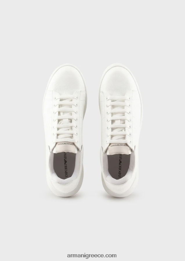 άνδρες Armani δερμάτινα sneakers με βρύα-βελονιά σε όλο τον αετό 4046R61865 άσπρο