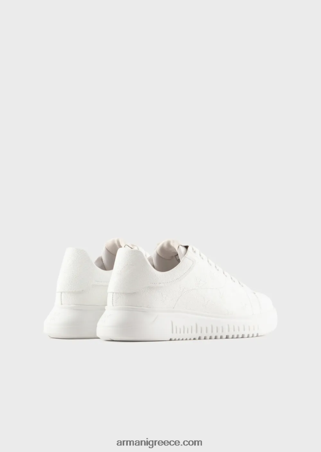 άνδρες Armani δερμάτινα sneakers με βρύα-βελονιά σε όλο τον αετό 4046R61865 άσπρο