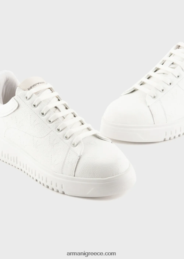 άνδρες Armani δερμάτινα sneakers με βρύα-βελονιά σε όλο τον αετό 4046R61865 άσπρο