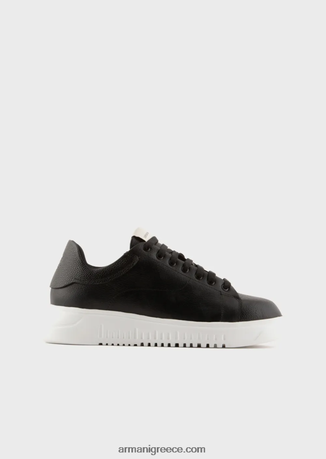 άνδρες Armani δερμάτινα sneakers με βρύα-βελονιά σε όλο τον αετό 4046R61866 μαύρος