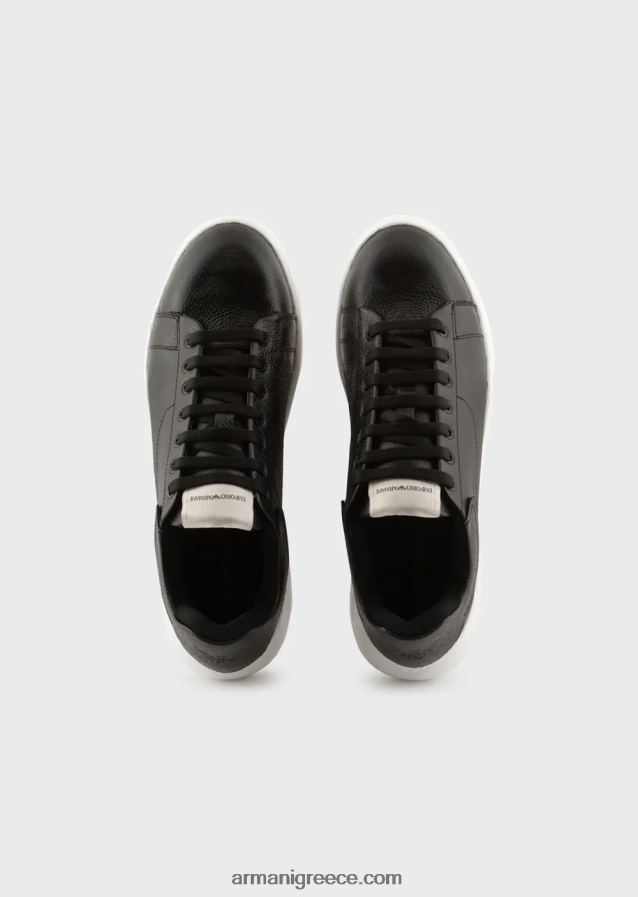 άνδρες Armani δερμάτινα sneakers με βρύα-βελονιά σε όλο τον αετό 4046R61866 μαύρος