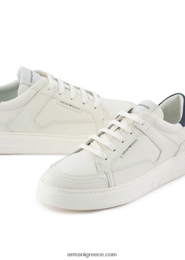 άνδρες Armani sneakers από σφυρήλατο δέρμα 4046R61876 γαλακτώδες λευκό