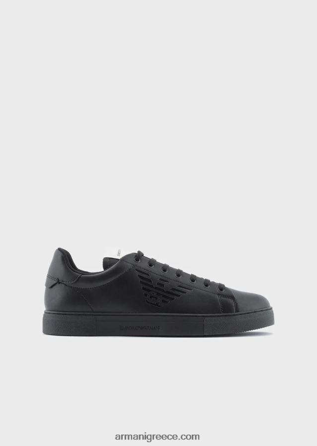 άνδρες Armani γυαλιστερά δερμάτινα sneakers με υπερμεγέθη λογότυπο αετού 4046R61877 μαύρος
