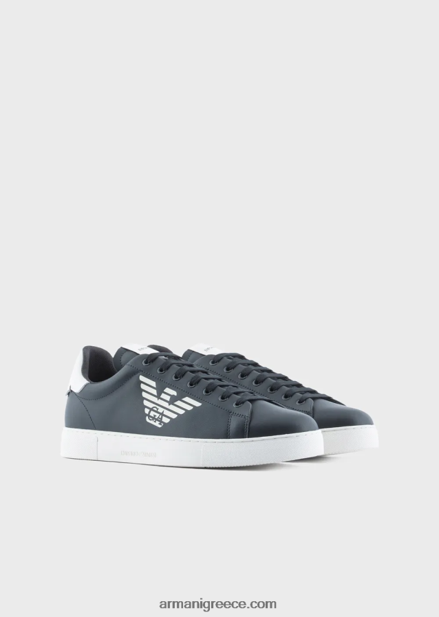 άνδρες Armani γυαλιστερά δερμάτινα sneakers με υπερμεγέθη λογότυπο αετού 4046R61877 μαύρος